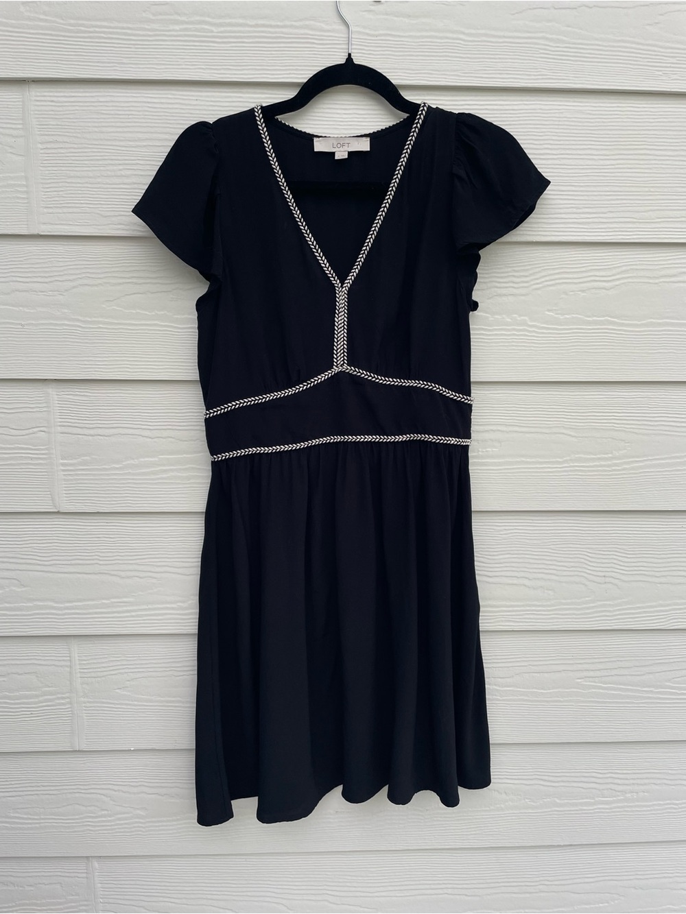 LOFT Black Dress with White Contrast Trim and V-Neck